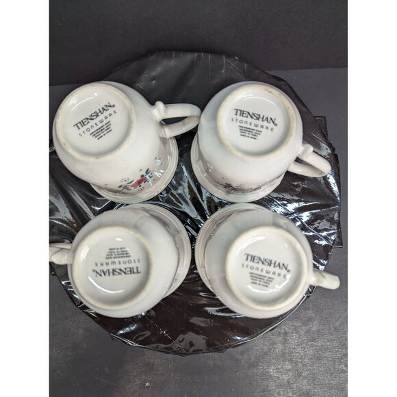 Tienshan Stoneware 2 Sided Floral Cup w/Blue Rim 8 Oz Replacement Lot of 4 - Picture 7 of 8